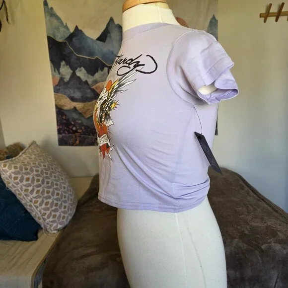 Ed Hardy Brave Hearts Eagle Tattoo Crop Top Y2K Purple Women’s M - Picture 5 of 13